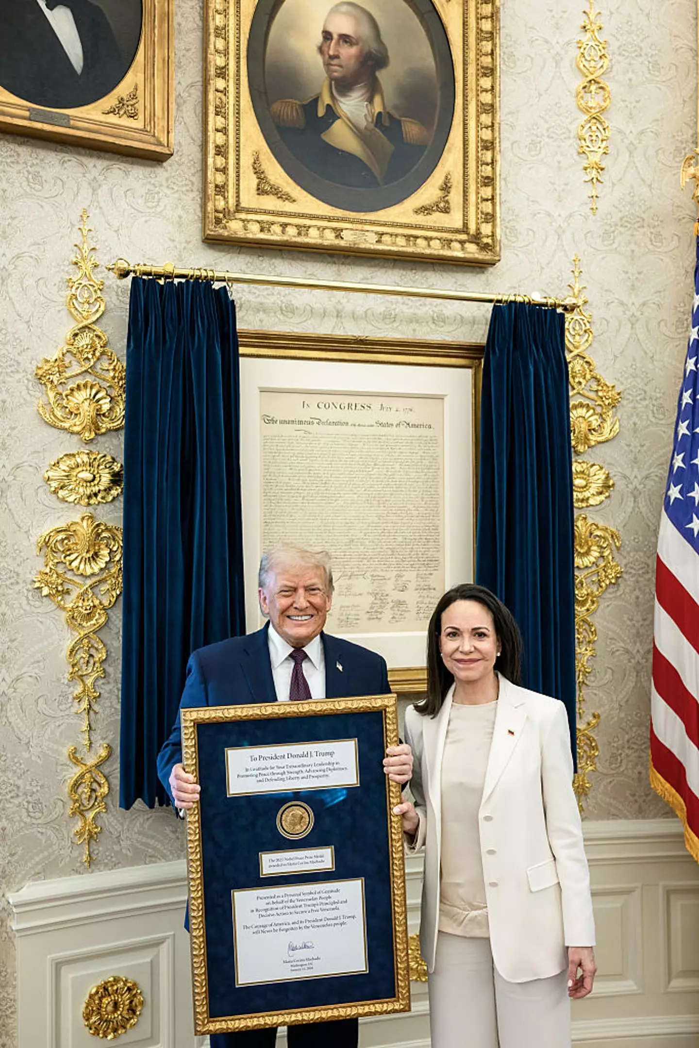 Trump meets with Venezuelan opposition leader Maria Corina Machado after she 'awarded' him her Nobel Peace Prize (Daniel Torok/The White House via Getty Images)