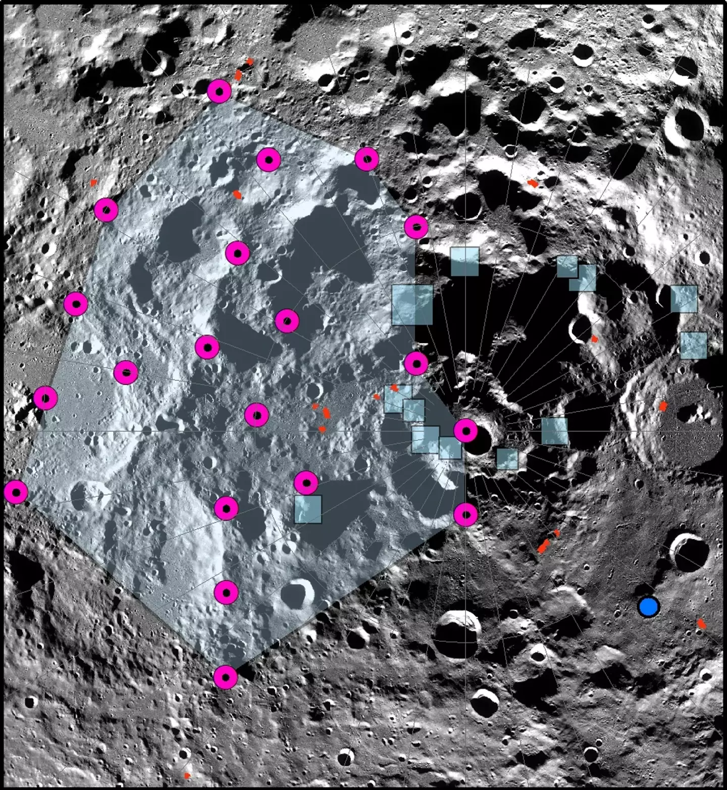 NASA's Artemis III is planned to land where the blue dot is. The pink dots represent possible epicenters of the moonquake at the South Pole.
