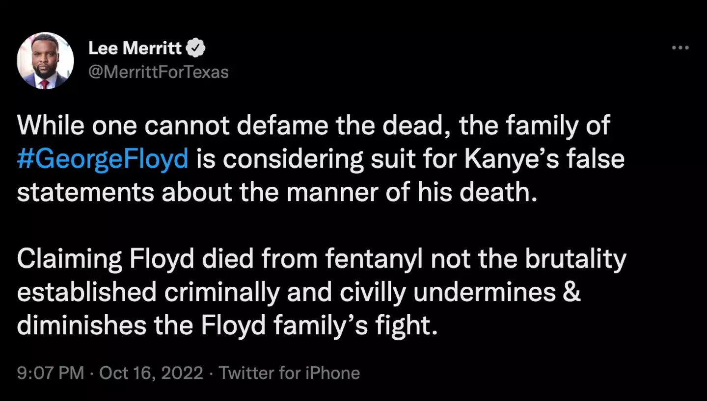 Civil rights attorney and community organizer Lee Merritt took to Twitter to condemn West's comments.
