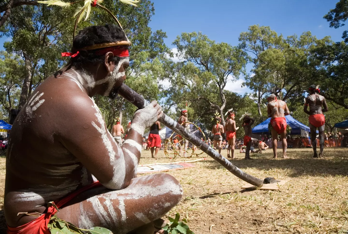Indigenous performer playing the didgeridoo at the Laura Aboriginal Dance Festival. Laura, Queensland, Australia.