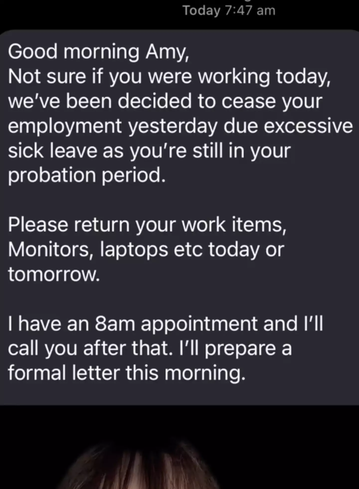 The message allegedly sent by her boss.