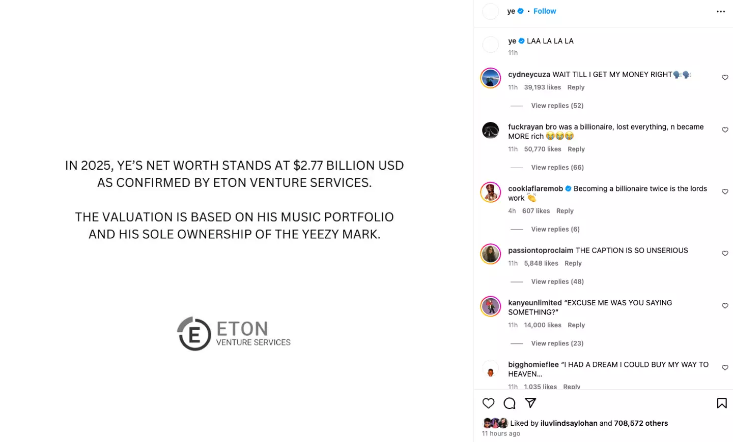 He announced his net worth on Instagram (Instagram/@ye)