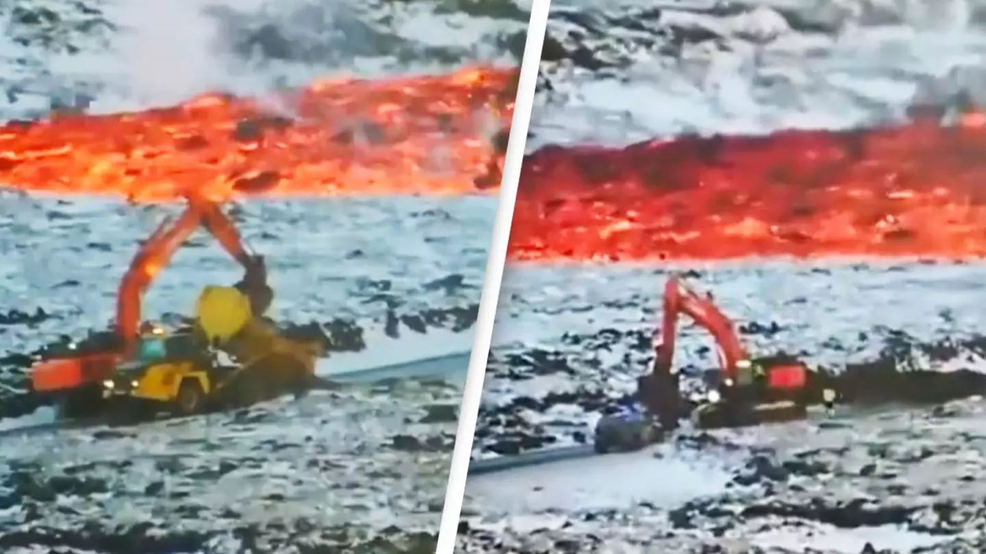 Video shows 'brave' workers desperately try to stop the flow of lava doing a job that nobody wants