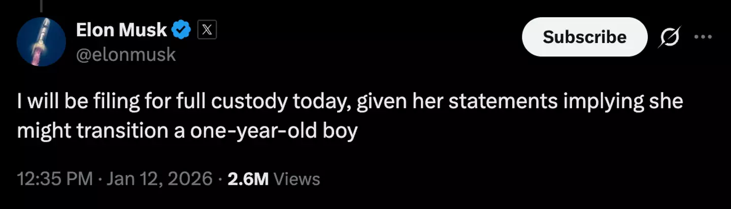 Elon Musk says he's filing for full custody of his son (Twitter)