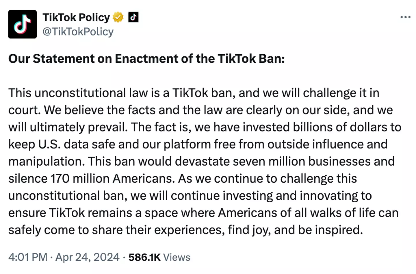 TikTok criticised the ban on X. (X/@TikTokPolicy)