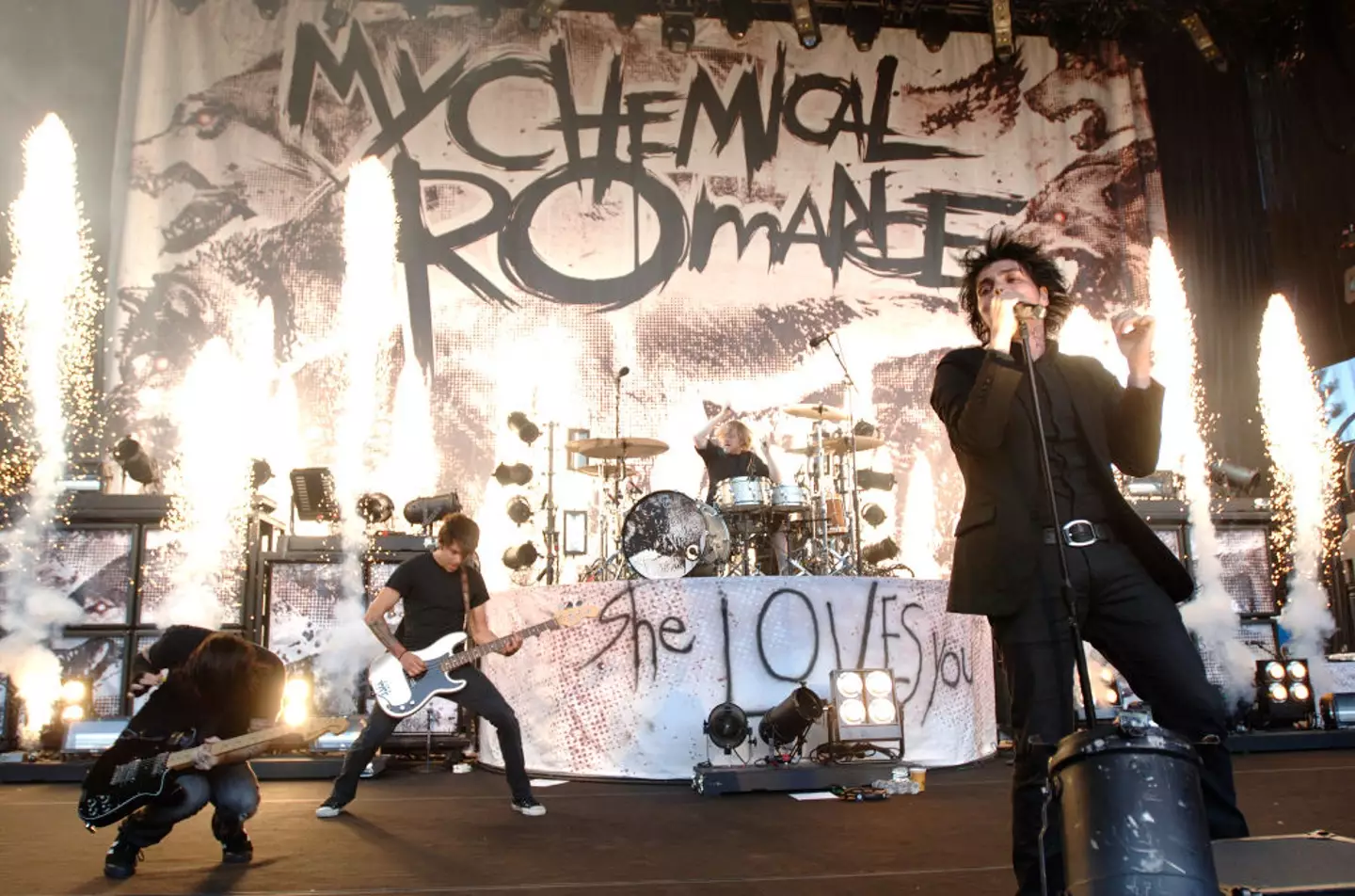 Bryar can be seen playing the drums onstage for My Chemical Romance back in 2007 (Tim Mosenfelder/Getty Images)