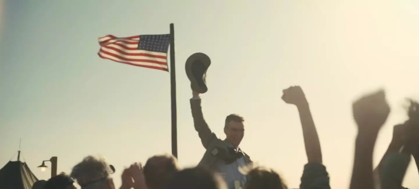 Novelist and Professor Aaron Gwyn has pointed out another American flag moment in Oppenheimer.