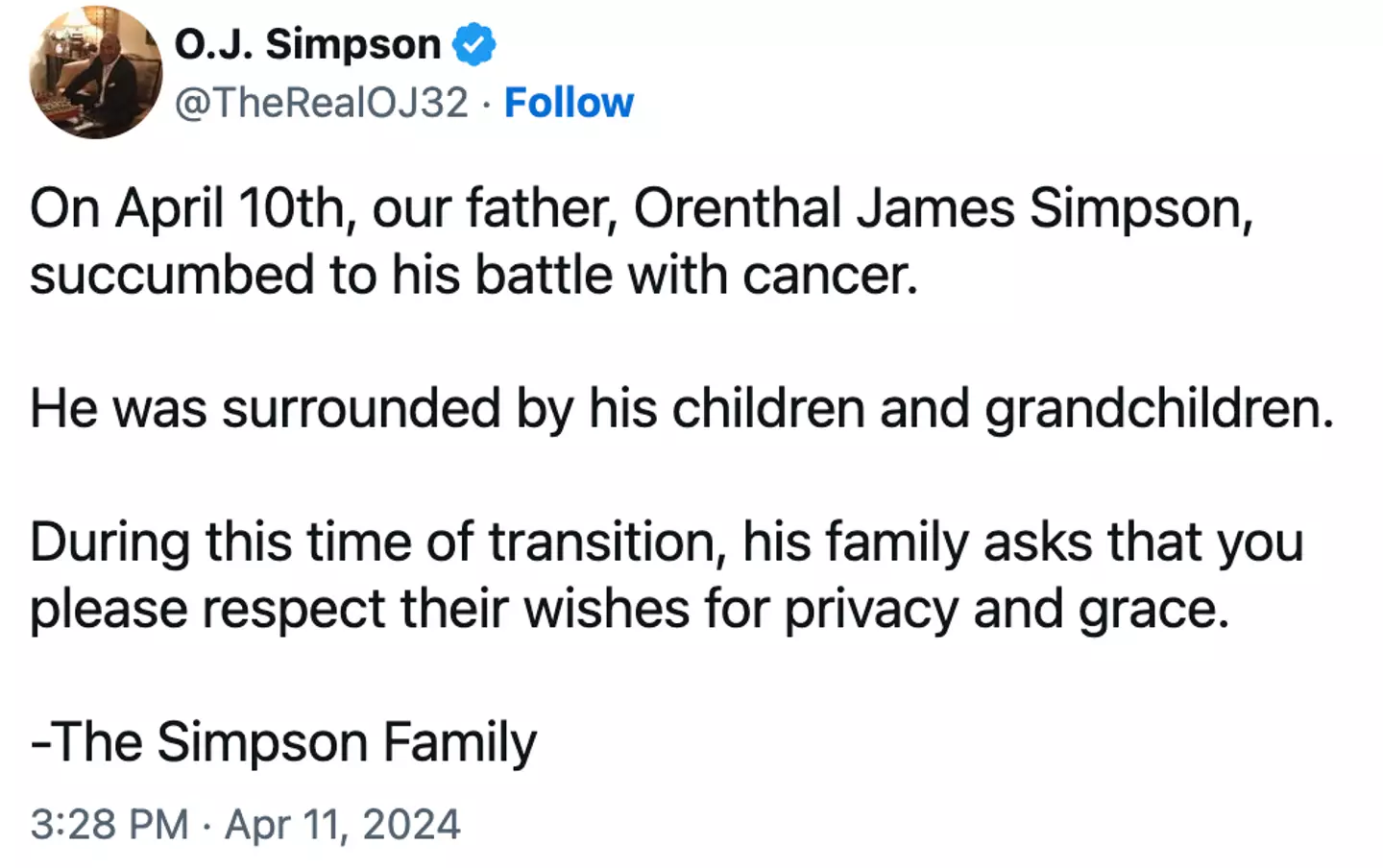OJ Simpson's family released the statement on X. (X/@TheRealOJ32)