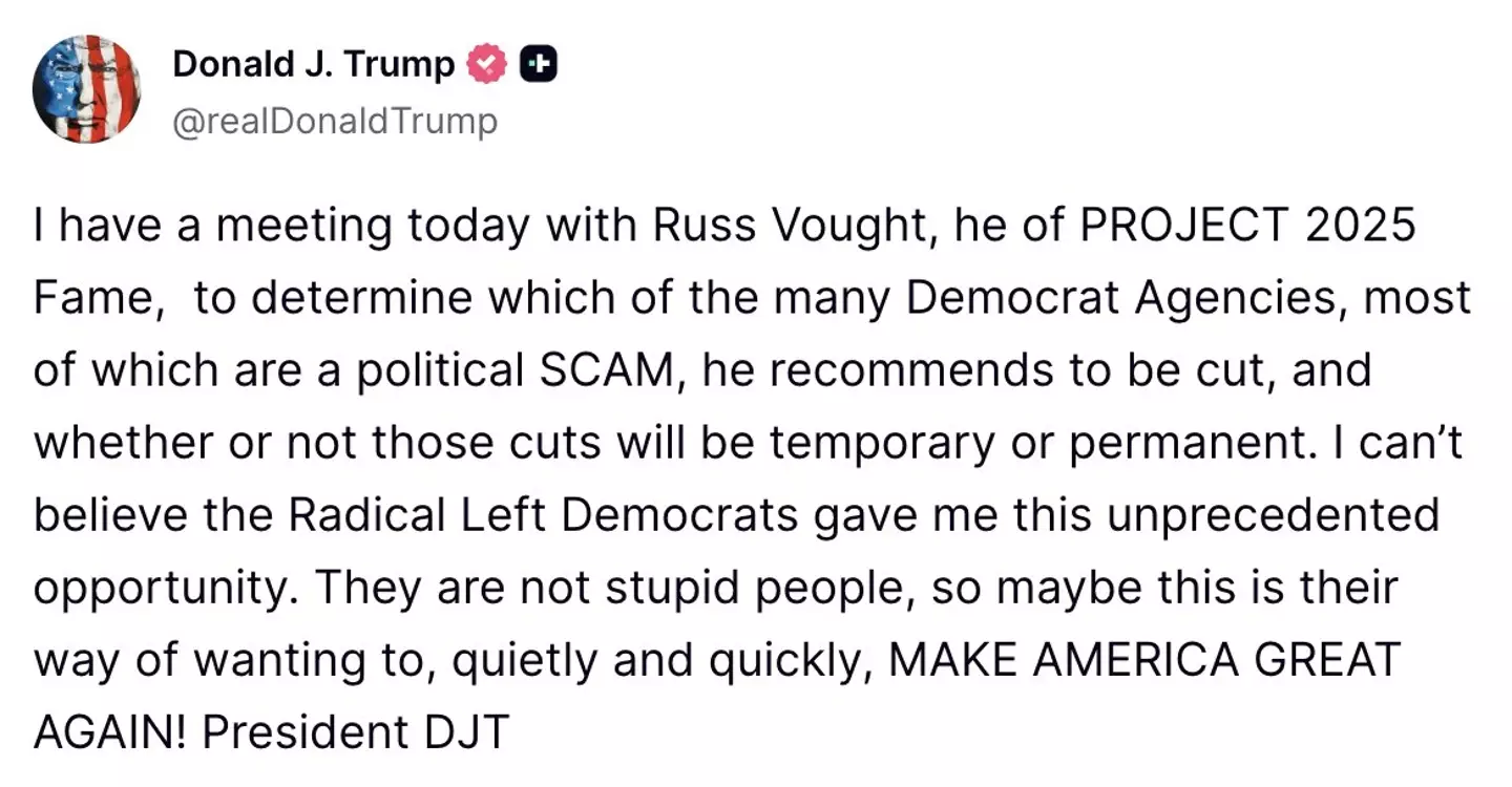 Donald Trump has embraced the conservative blueprint, as per a post on Truth Social (Truth Social/realdonaldtrump)