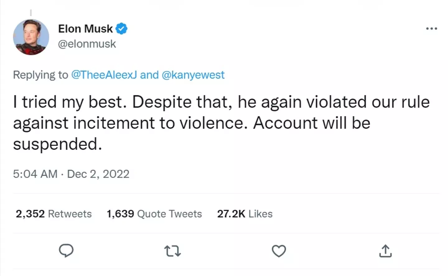 Twitter boss Elon Musk explained that Kanye had been kicked off Twitter.