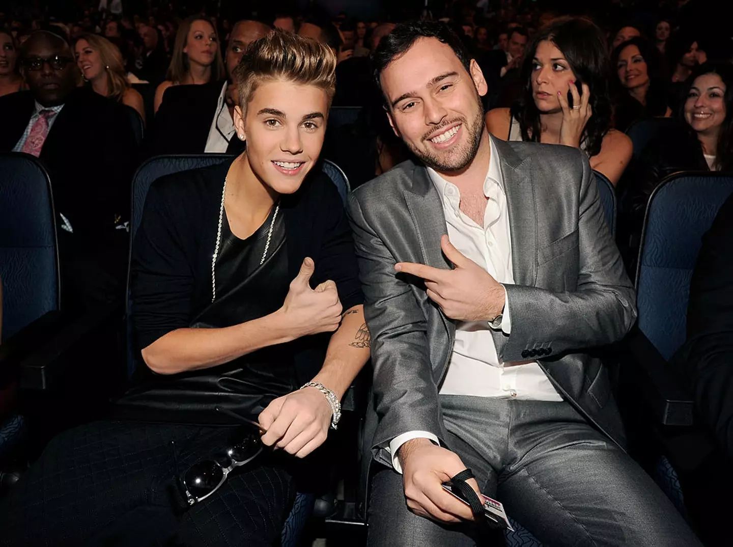 Scooter Braun with Justin Bieber in 2012. (Kevin Mazur/AMA2012/WireImage)