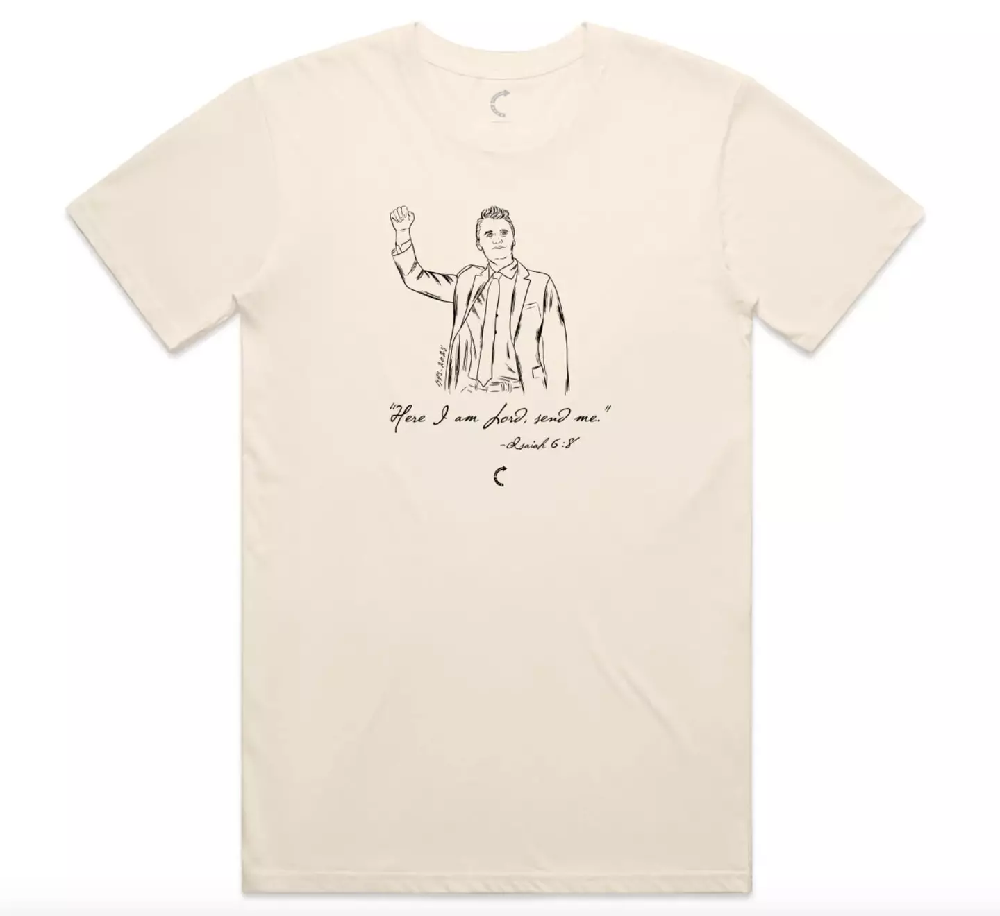 This 'exclusive memorial' T-shirt features a hand-drawn image of Kirk (Turning Point USA)