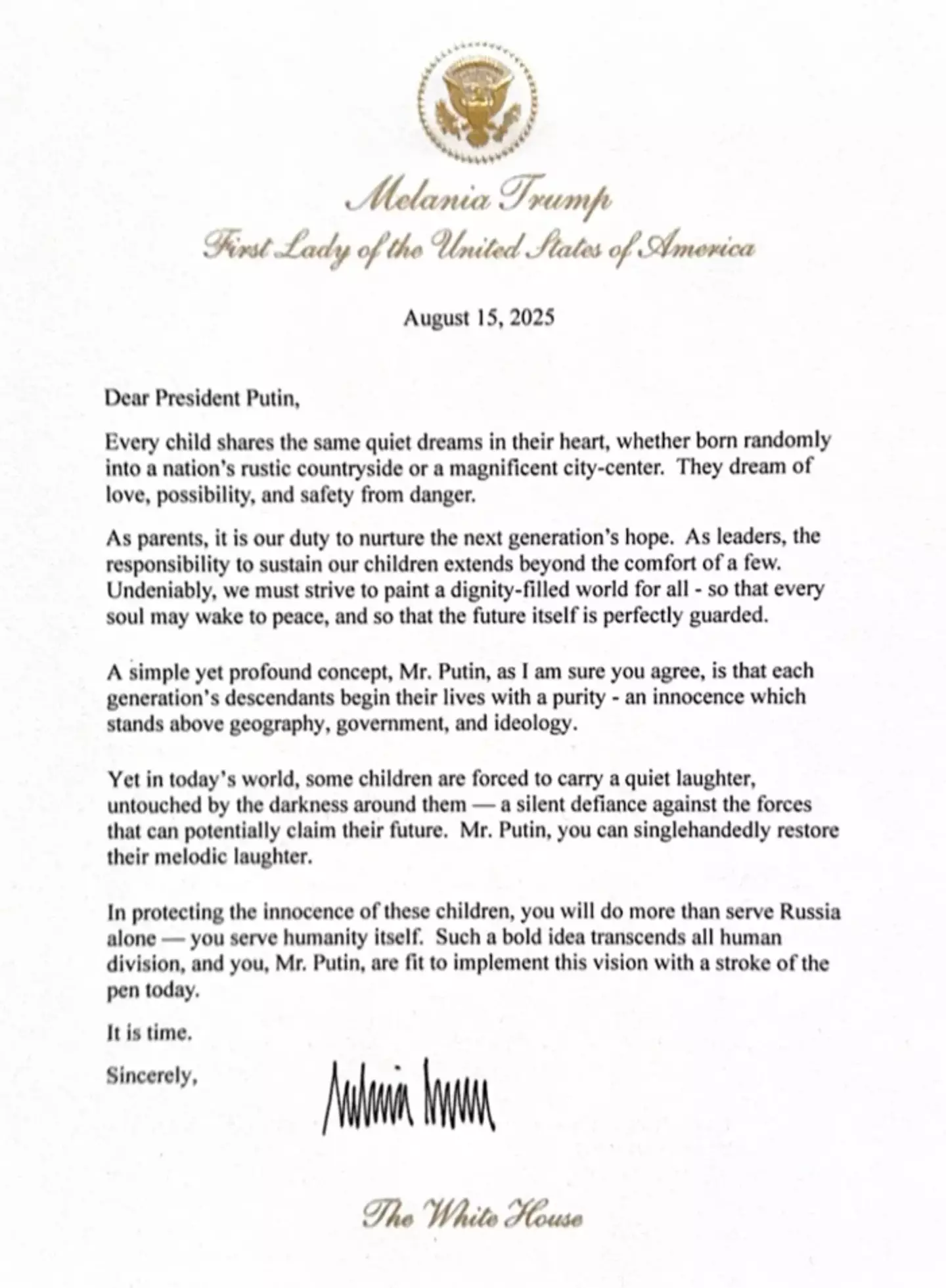 Melania Trump penned a letter to Vladimir Putin (Fox News)