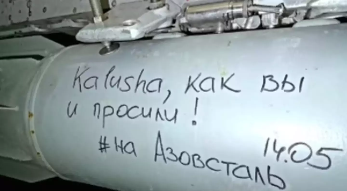 The message on the bomb reportedly reads: 'Just as you asked for, Kalusha! For Azovstal'.