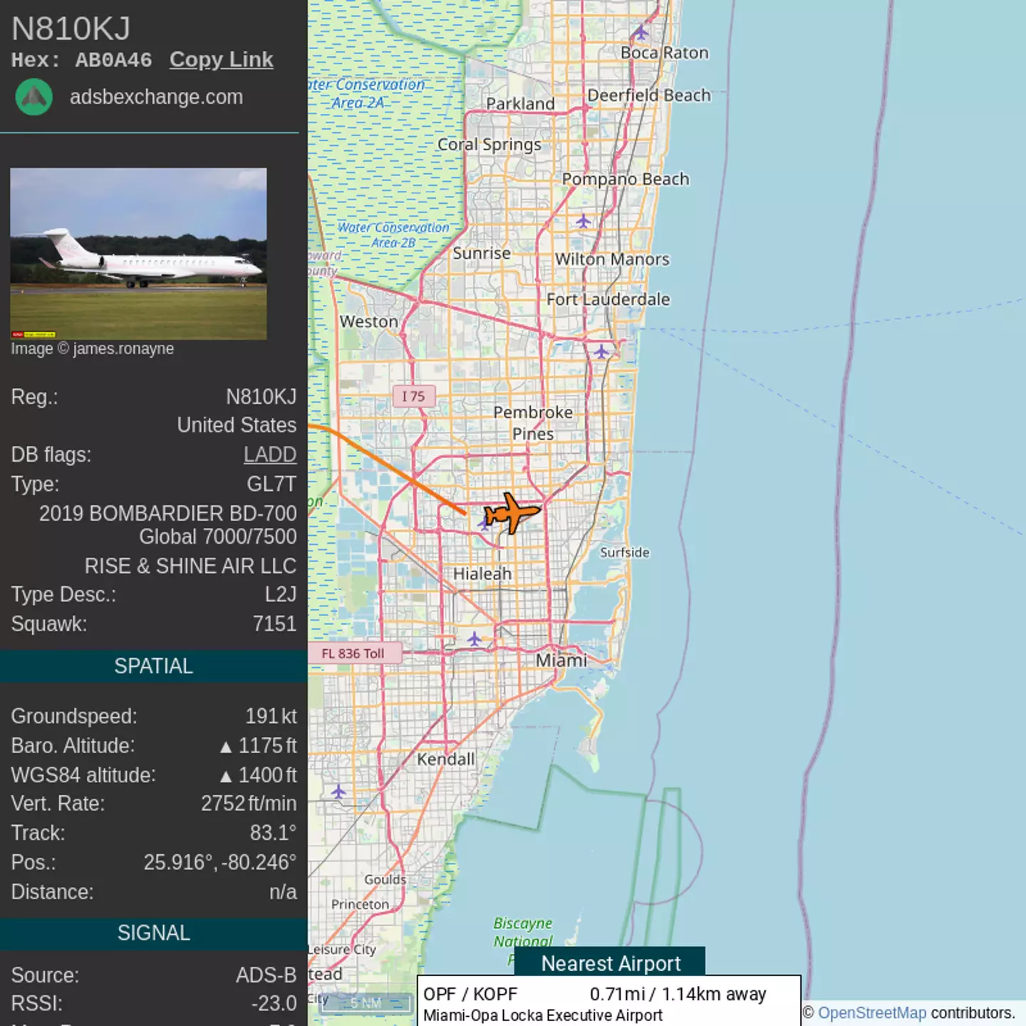 Kylie Jenner's plane flew from 'near Miami, Florida' to 'Van Nuys, California'.