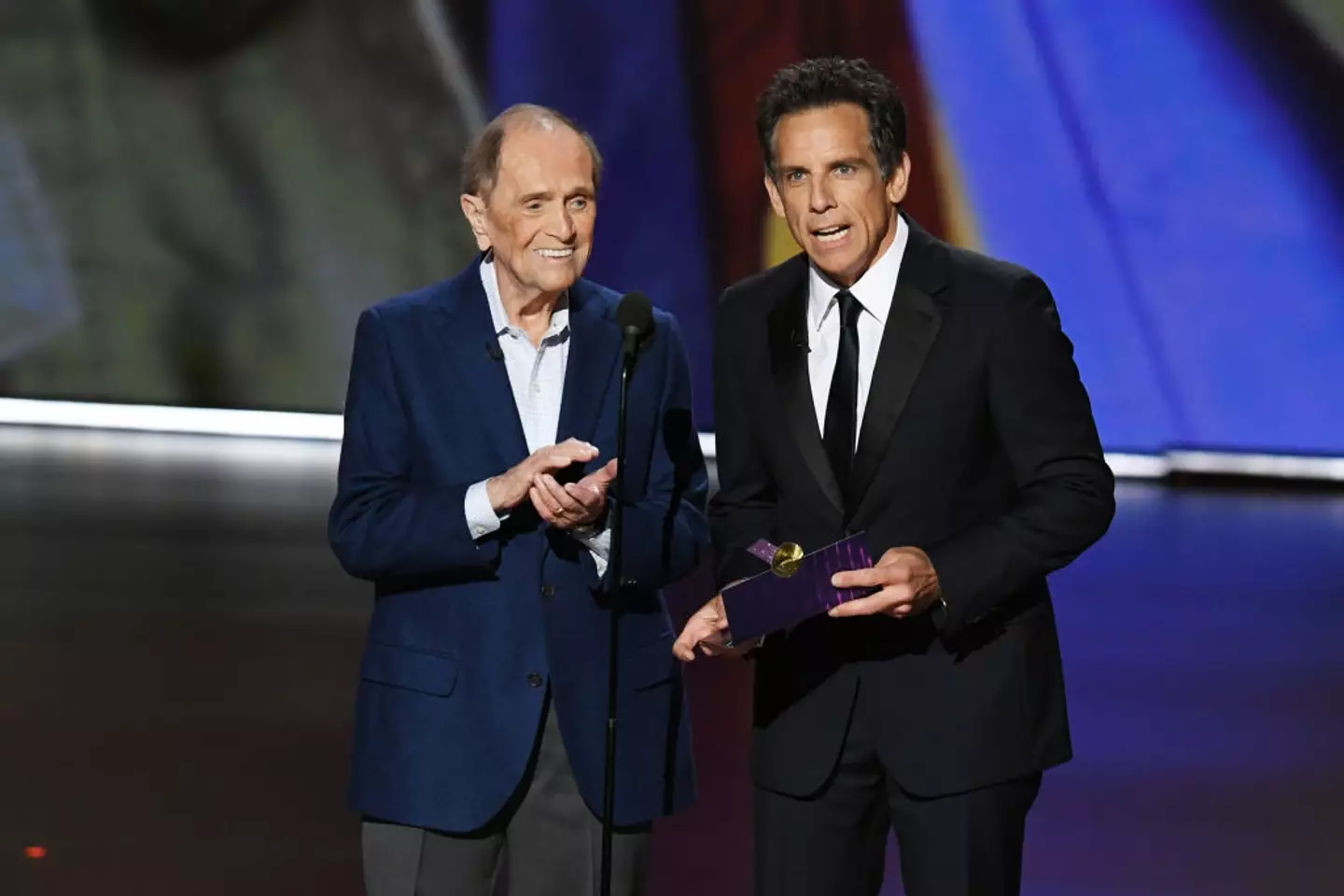 Bob Newhart and Ben Stiller speak onstage at the 71st Emmy Awards in 2019. (Kevin Winter/Getty Images)