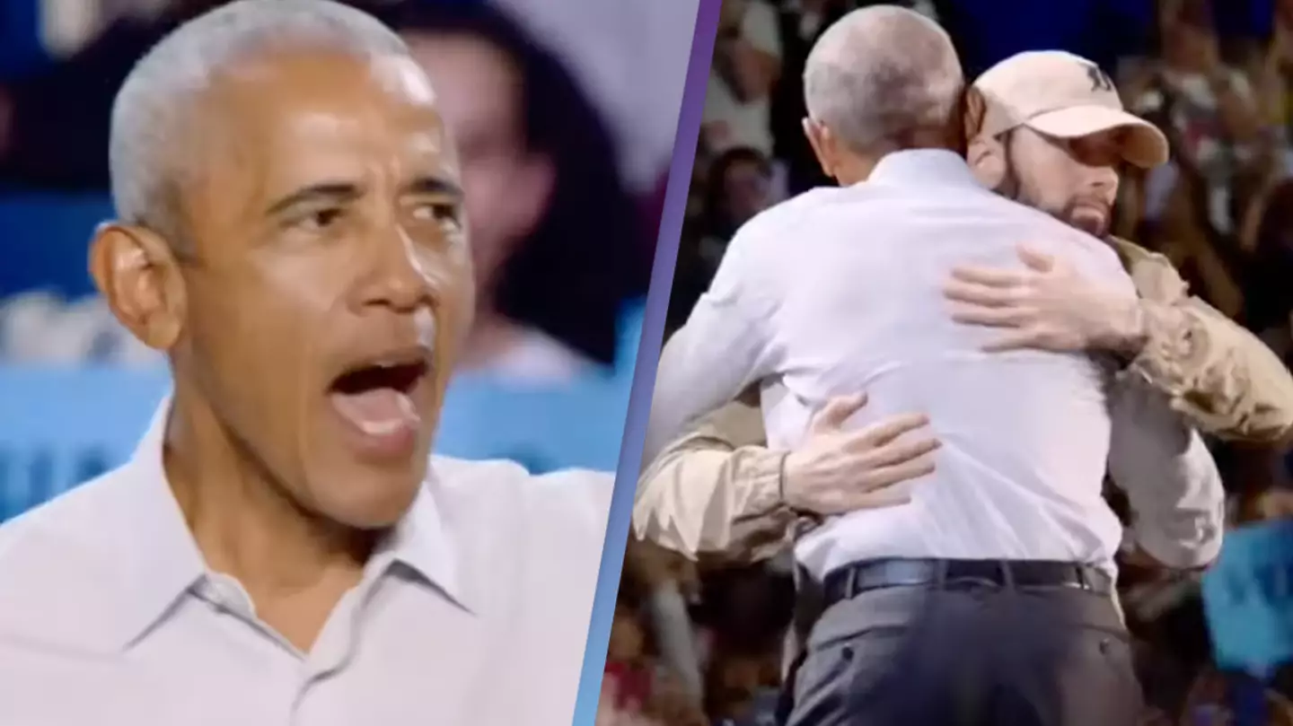 Crowd loses it as Barack Obama raps to Eminem's 'Lose Yourself' after being introduced by rapper at rally