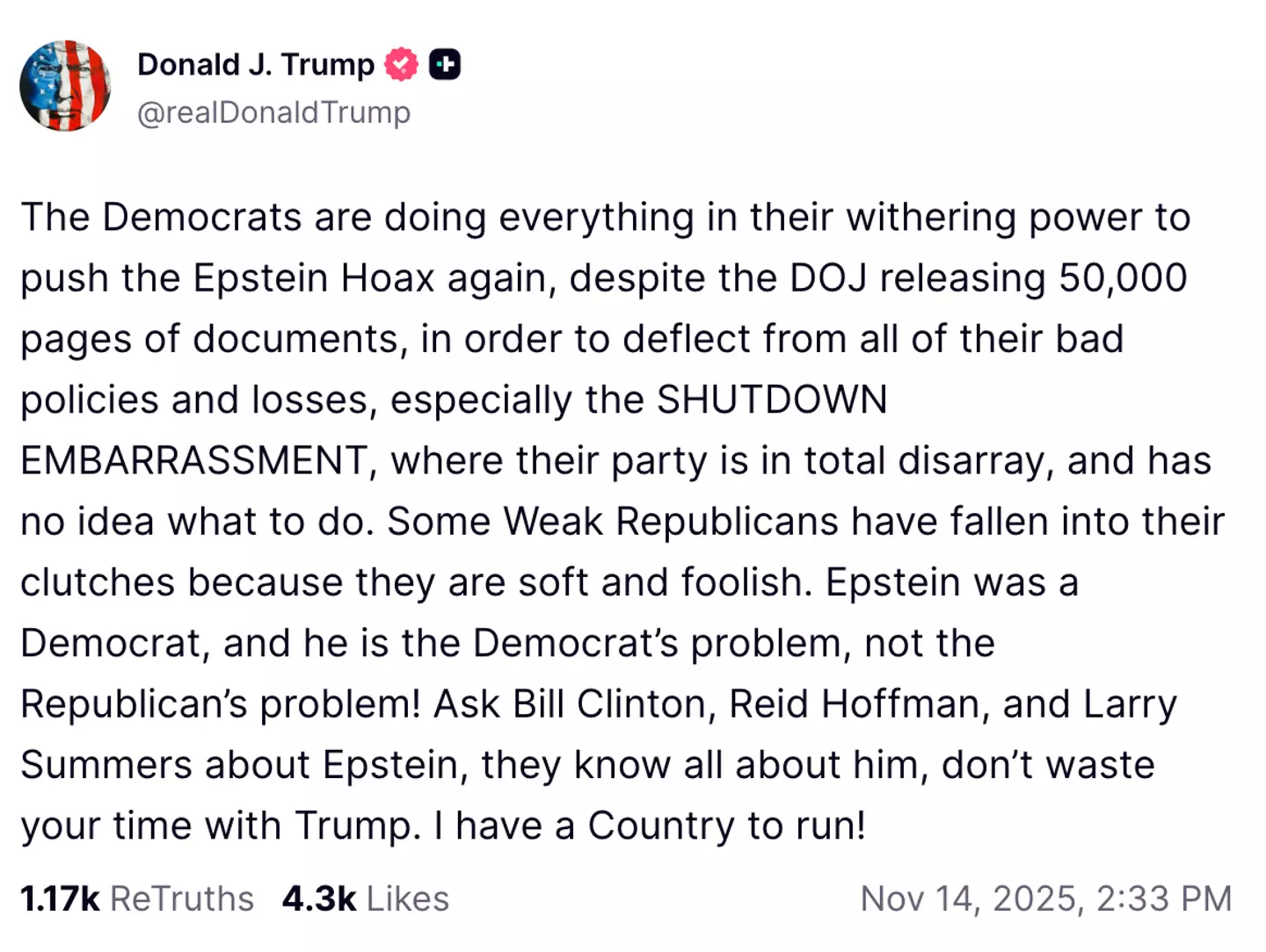 The president is still insisting that his ties to Epstein are a 'hoax' (Truth Social/@realDonaldTrump)