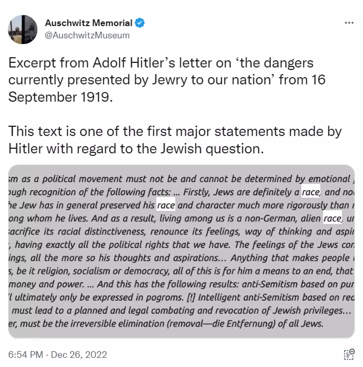The Auschwitz Museum did not directly address Goldberg, but shared statements from Hitler.