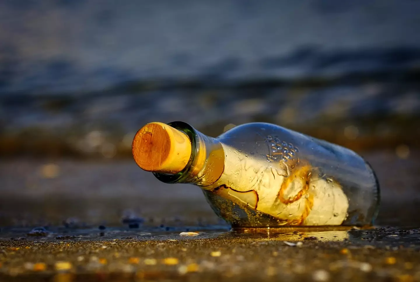 A message in a bottle sitting ashore by the sea.