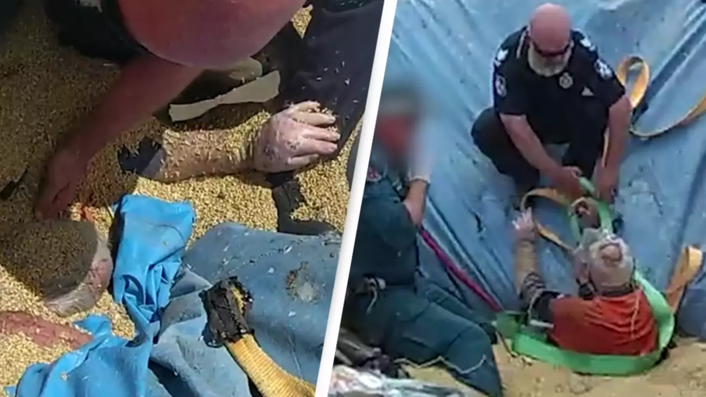 Footage captures harrowing moment cops save man after becoming trapped under mountain of grain