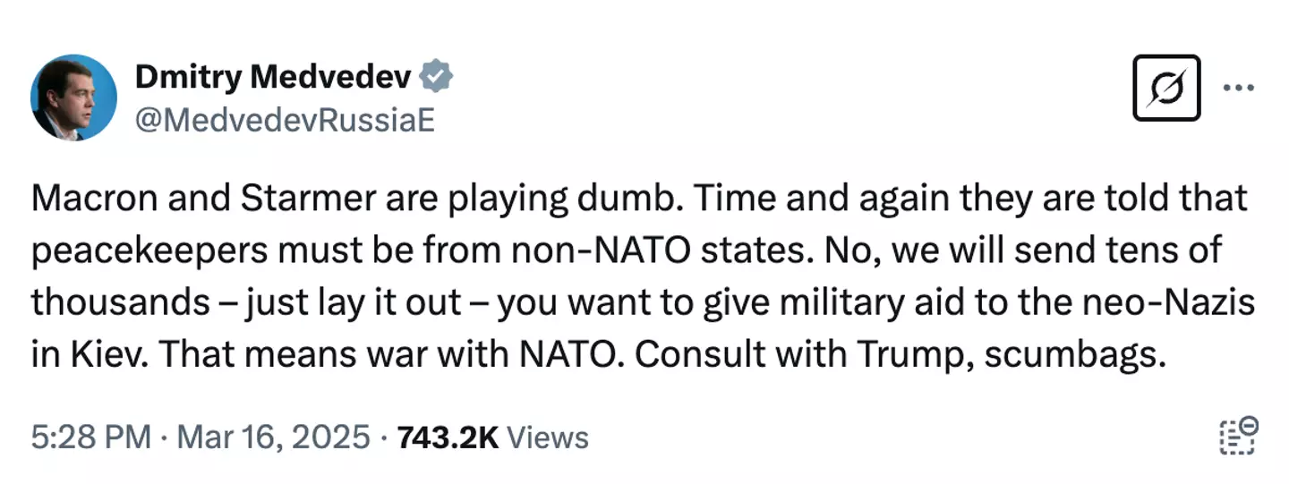 Dmitry Medvedev penned a scathing tweet about Starmer and Macron (Twitter)