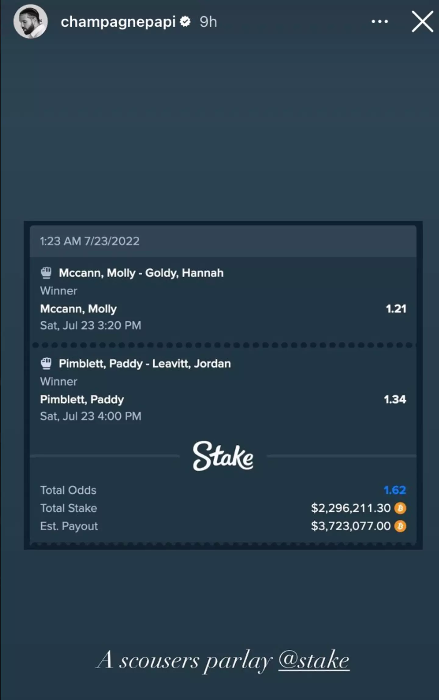 Drake won a payout of a whopping $3,723,077.