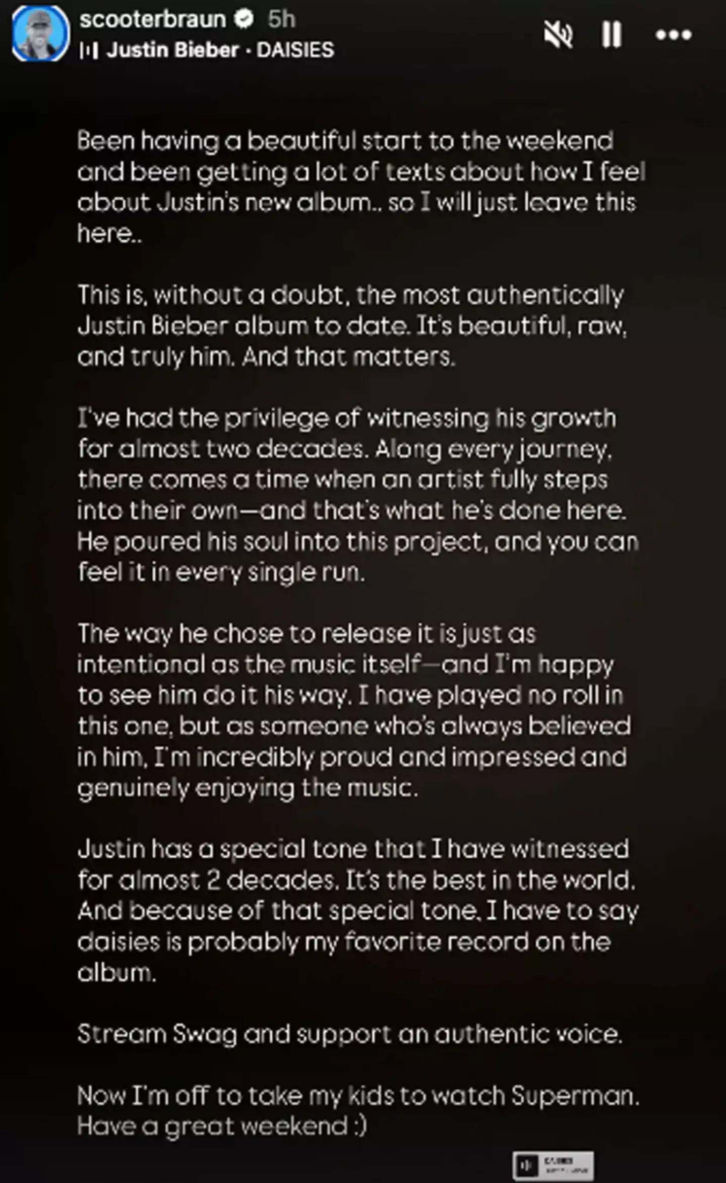Braun praised the release of Swag on Instagram (Instagram/@scooterbraun)