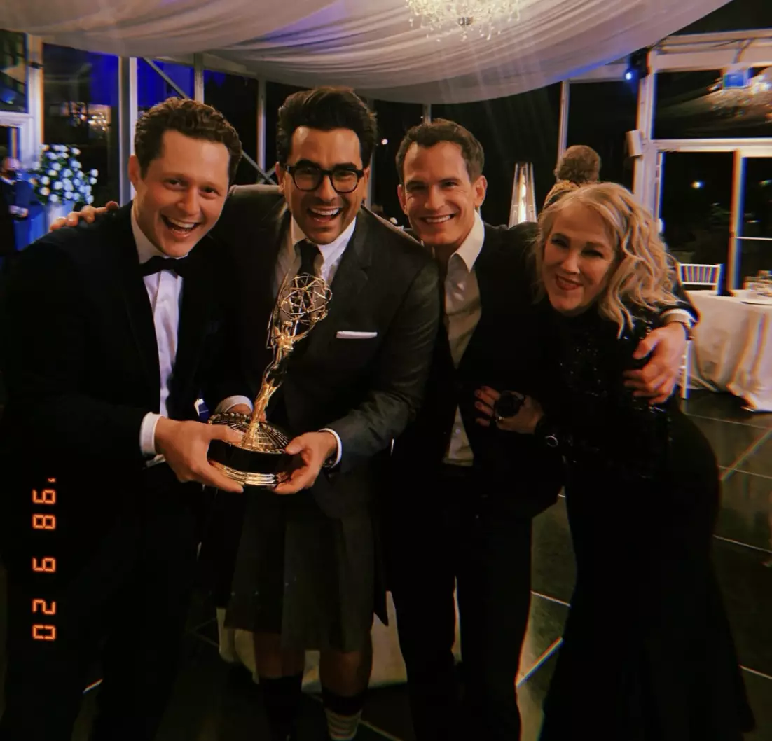 Noah Reid shared a photo of him alongside Catherine O'Hara and their Schitt's Creek Emmy Award (olreid/Instagram)