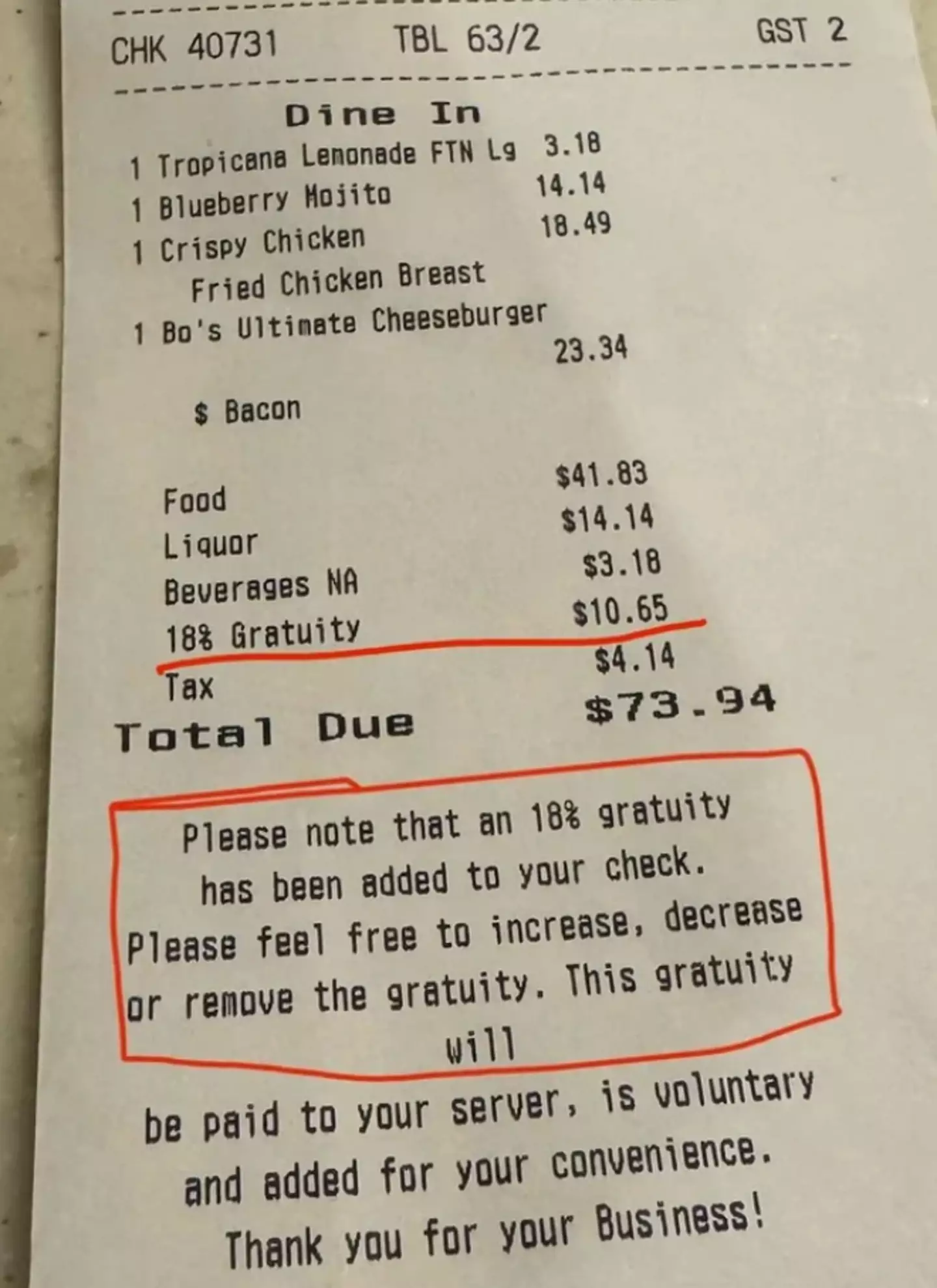 The customer was outraged by the 'voluntary' tip.