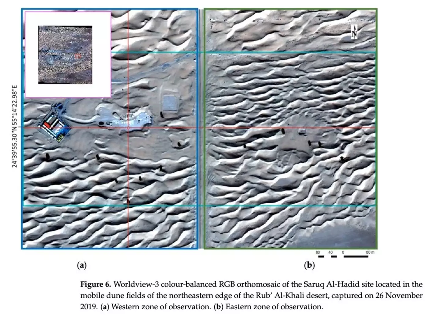 An aerial view of the desert showing where the tech detected the archaeological site (Khalifa University)