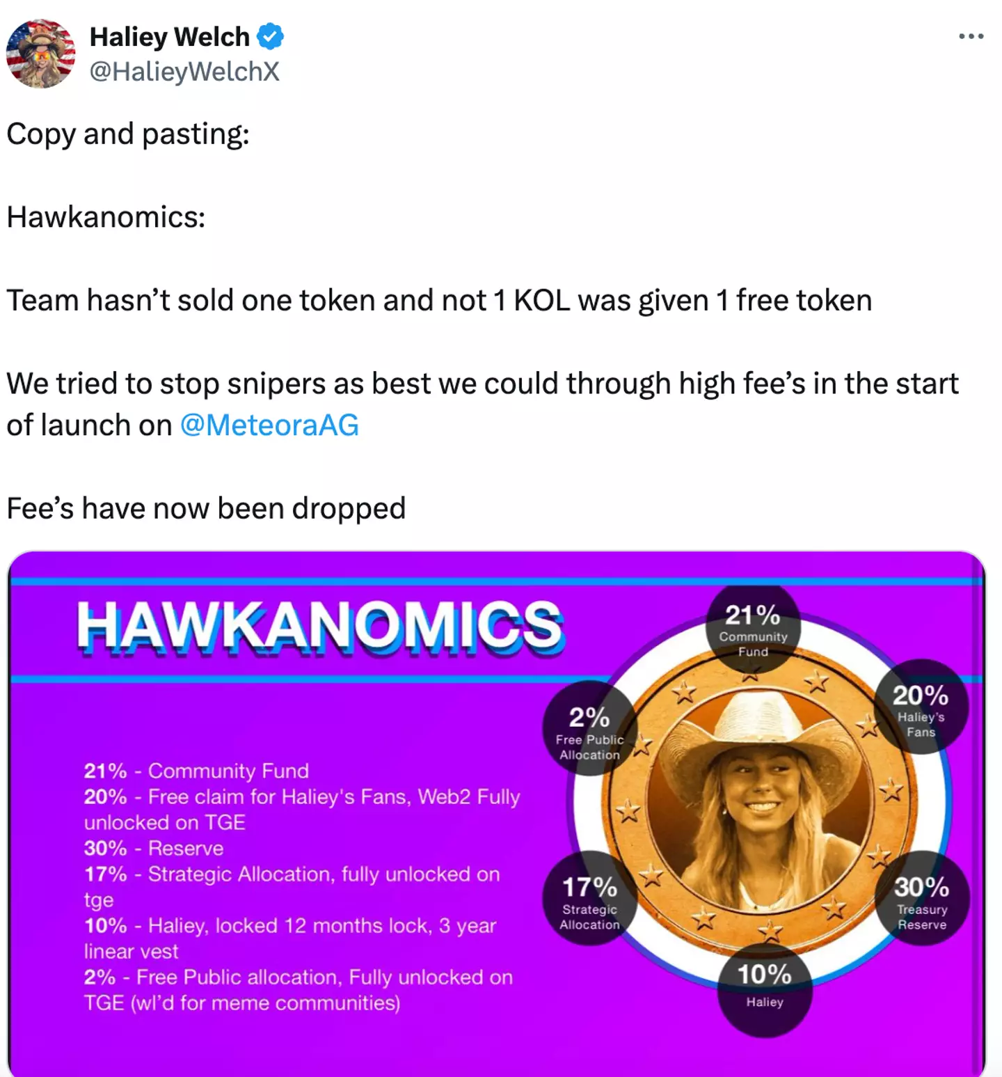Welch appeared to defend the crypto in a post after its launch (X/@HalieyWelchX)