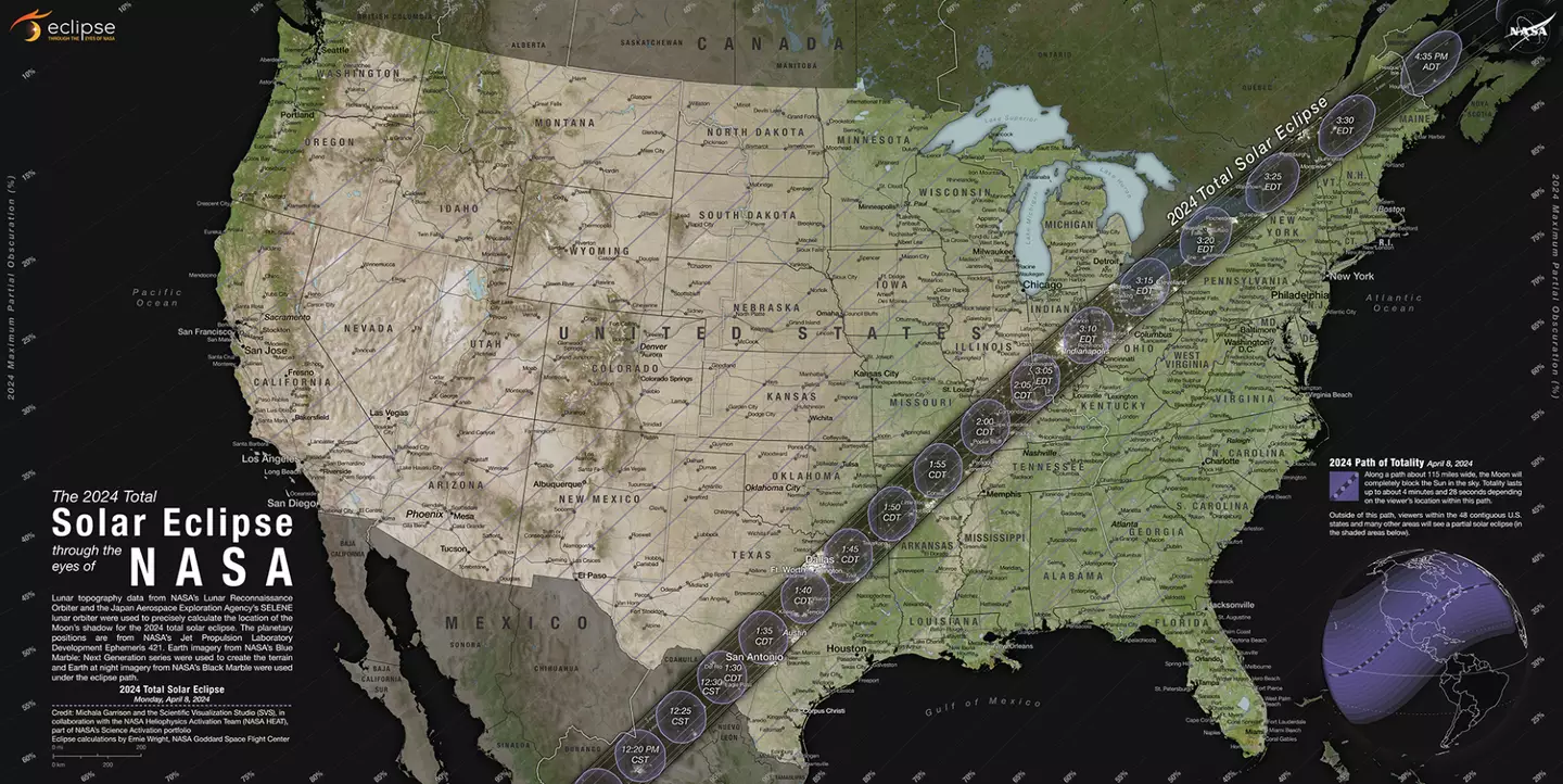 The eclipse will travel through Mexico, the US and Canada. NASA