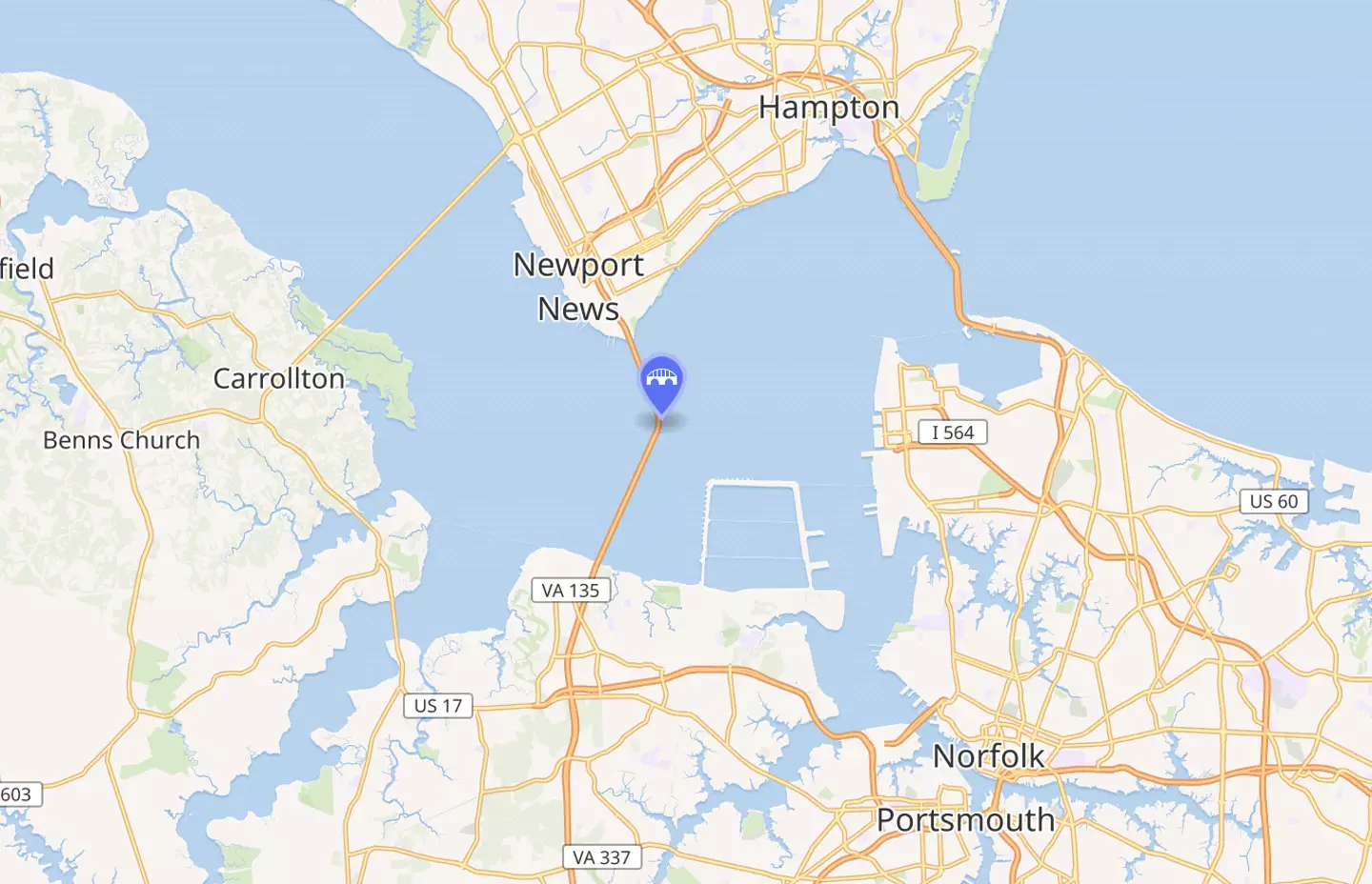 The bridge is located in Hampton Roads, Virginia, connecting the cities of Newport News and Suffolk (Wikimedia Maps/OpenStreetMap contributors)