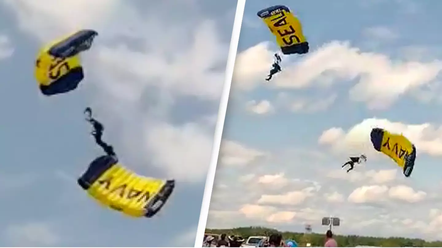 Harrowing moment navy parachute team member plunges to ground at 90mph during airshow