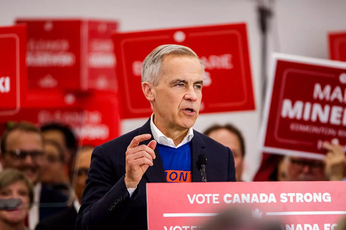 Mark Carney has won the snap election in Canada and wasted no time in addressing the tariffs 'crisis' with the US (Ron Palmer/SOPA Images/LightRocket via Getty Images)