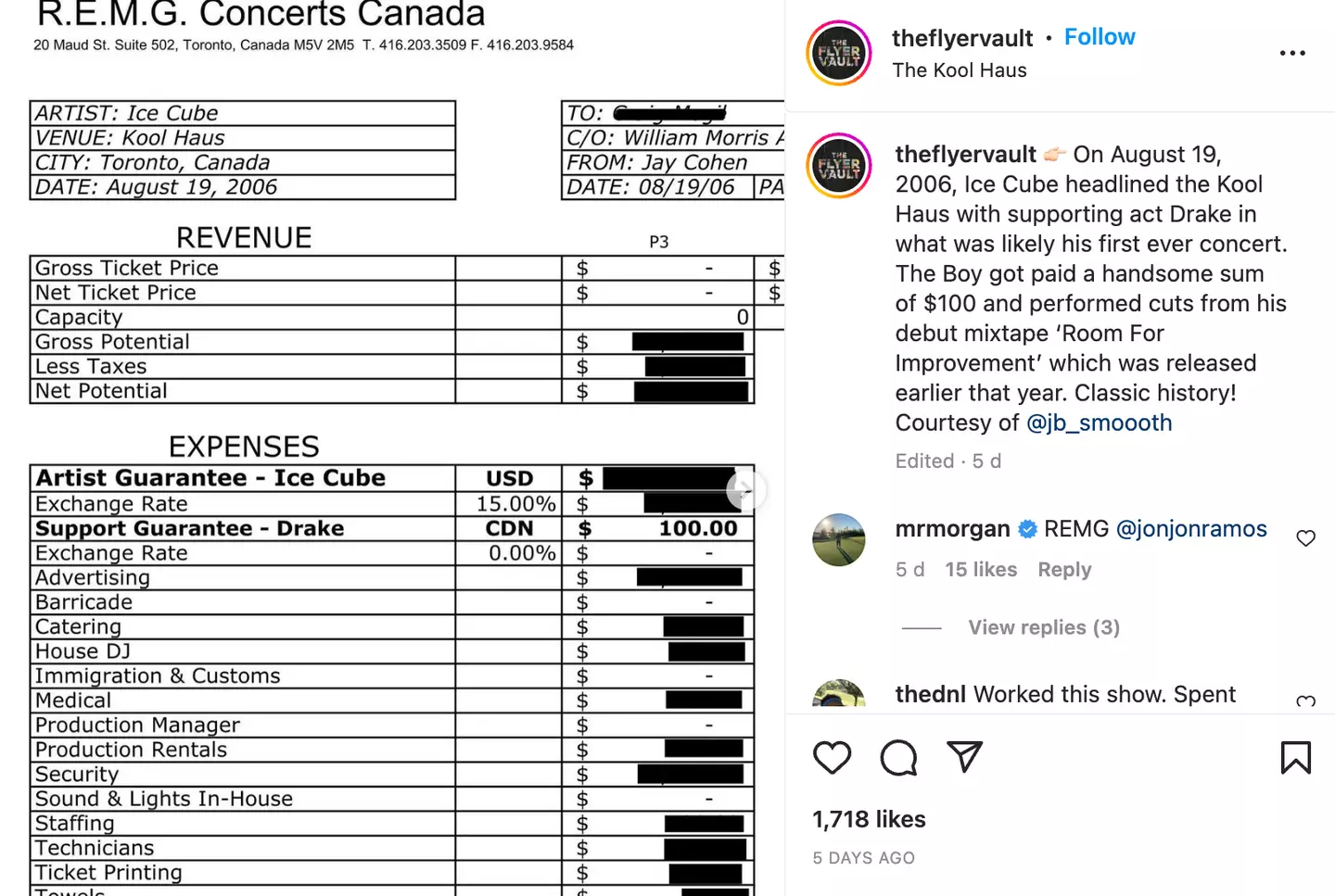 Drake's payment for the gig was shared on Instagram.