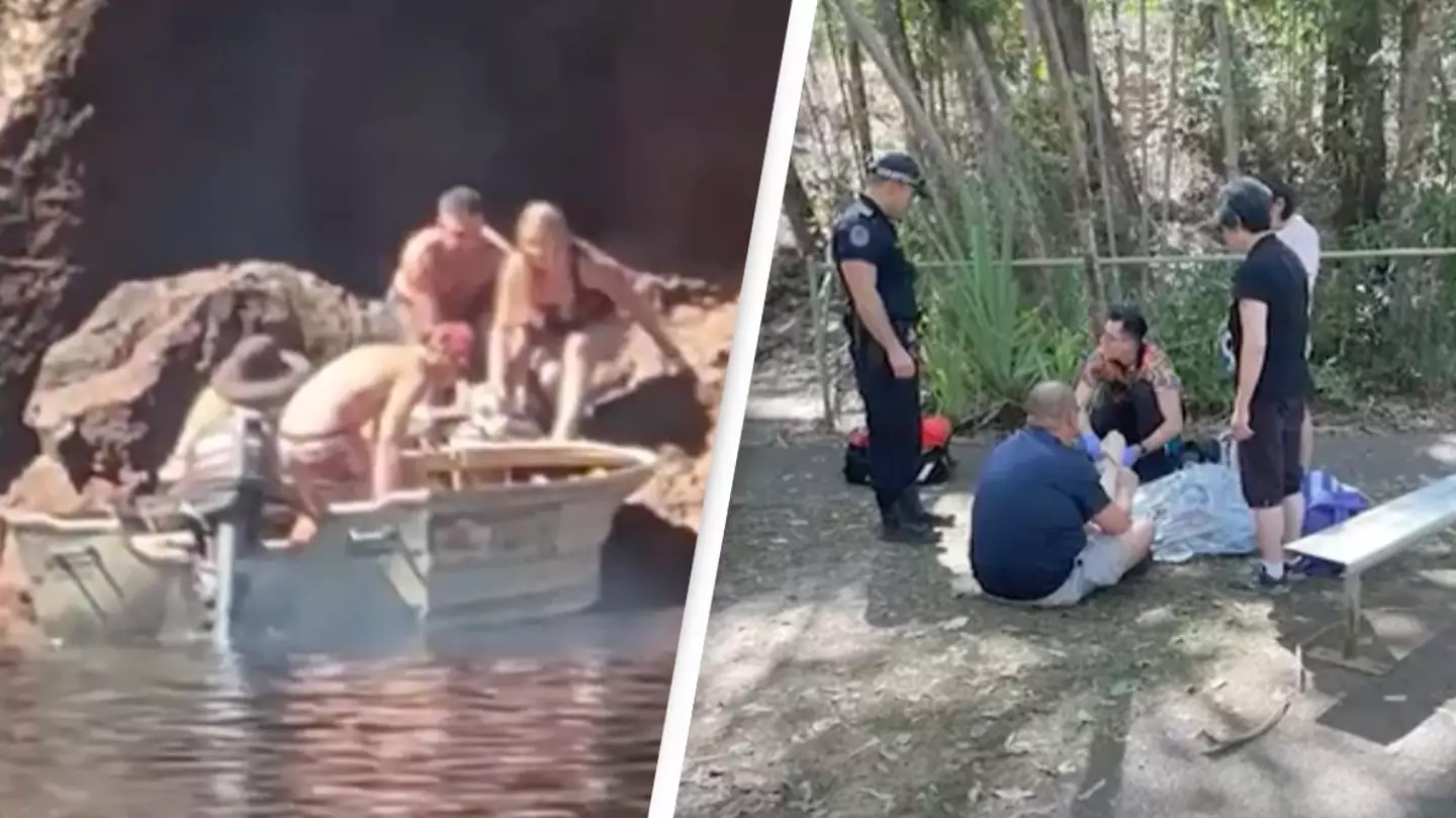 Tourists scramble out of water after massive crocodile appears and starts attacking people