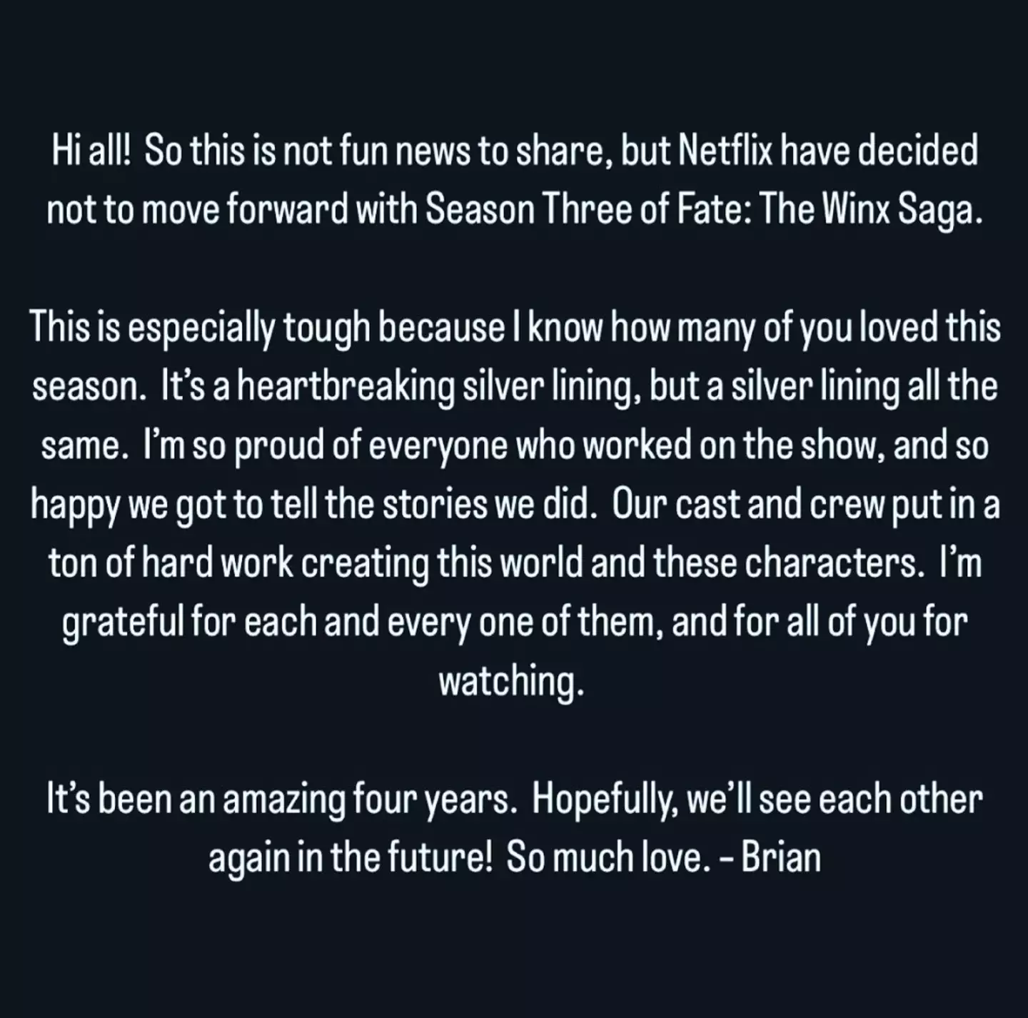 Brian Young shared a heartbroken statement on Instagram.