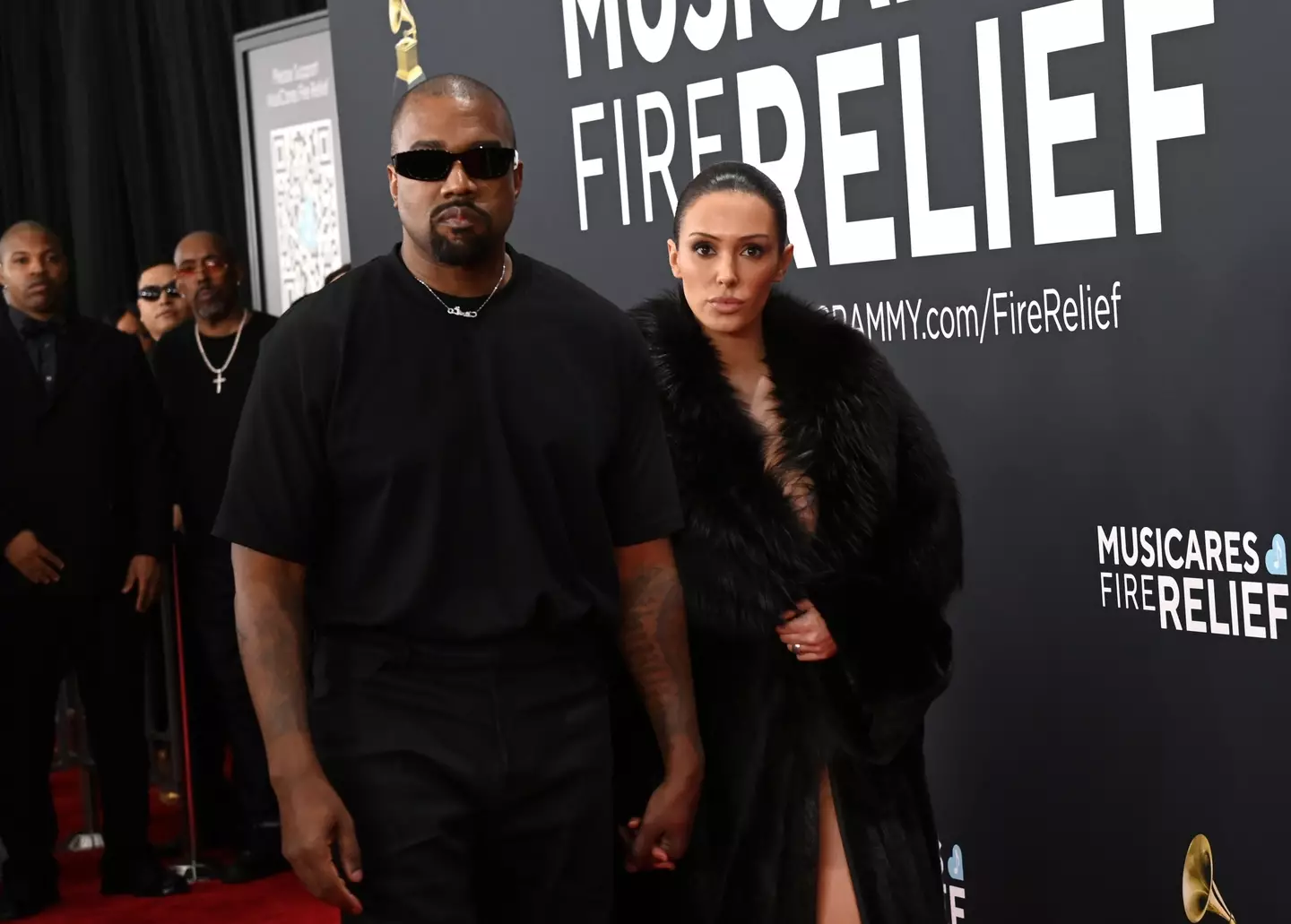 Censori was initially wearing a large fur coat before debuting her sheer ensemble (Jon Kopaloff/WireImage)