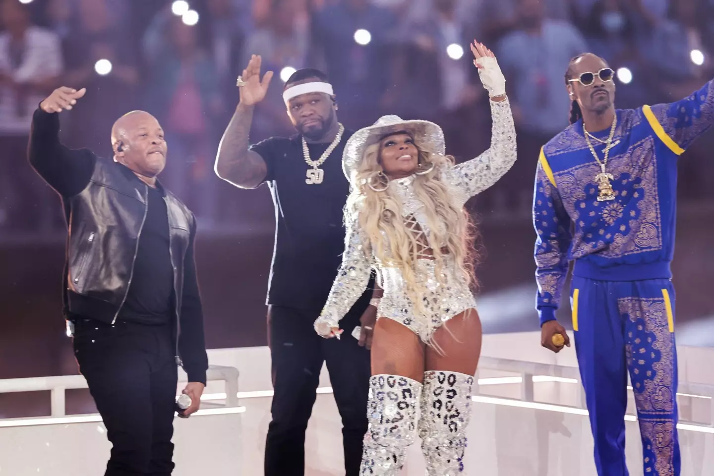 Dr Dre on stage at Super Bowl with 50 Cent, Mary J. Blige and Snoop Dogg. (Alamy)