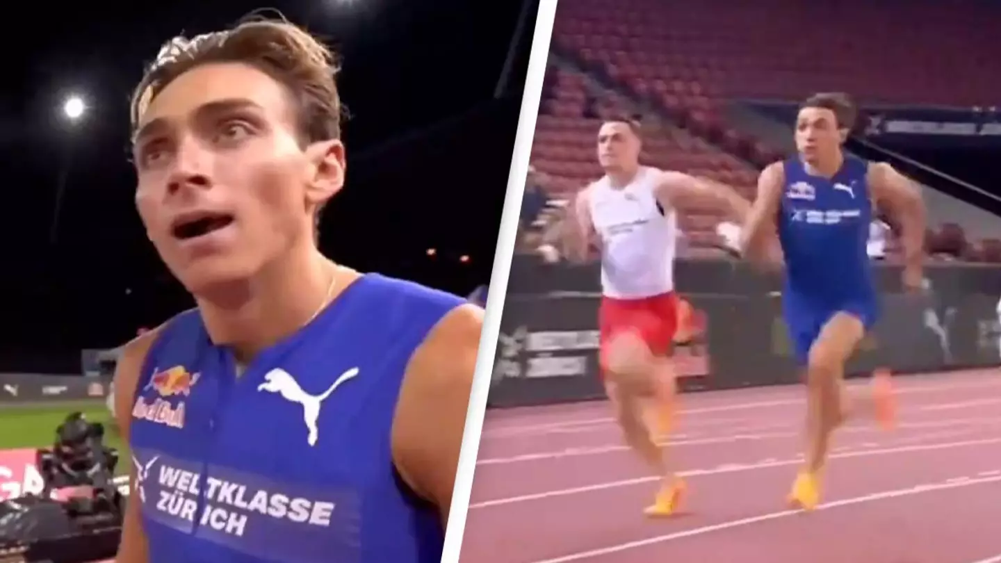 Olympic pole vault champion baffles viewers as he takes on 400m world record holder in 100m sprint