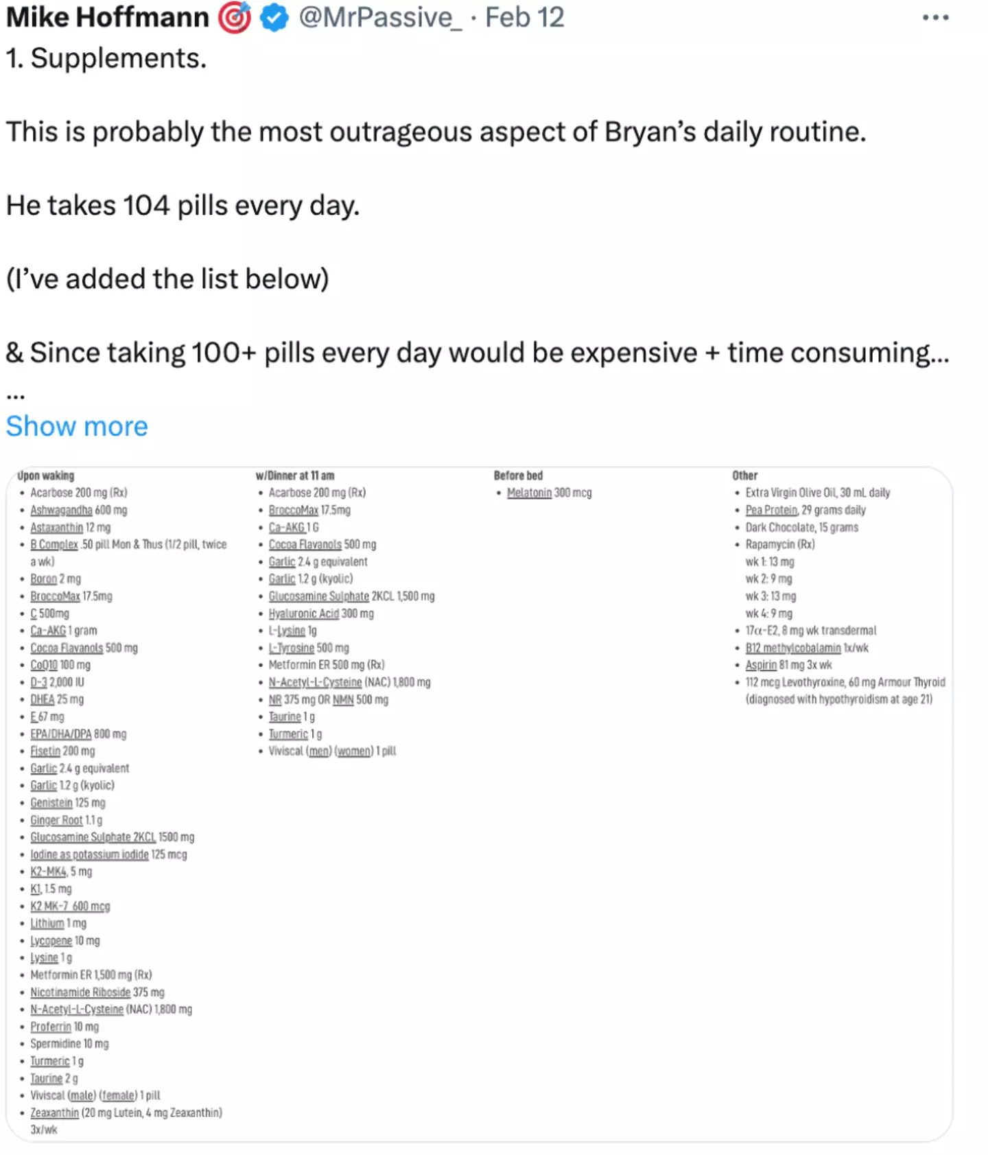 Hoffman noted Johnson takes a lot of supplements.