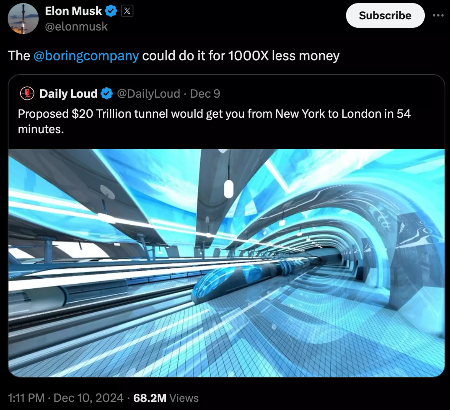 Elon Musk has other ideas for the Transatlantic Tunnel (Twitter/ @elonmusk)
