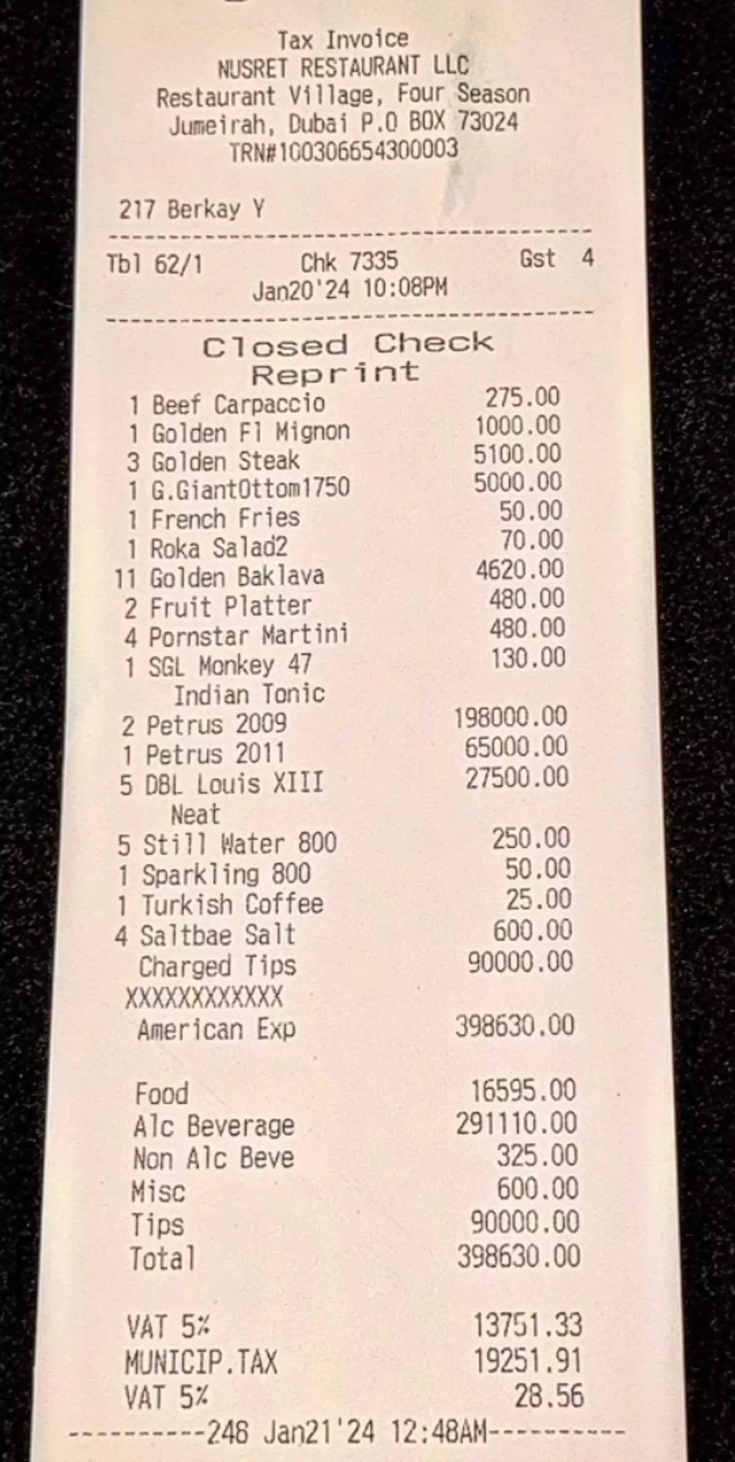 The check from the restaurant totalled $108,000.