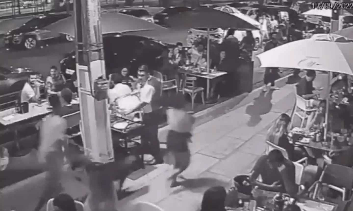 A woman, followed by a dog, ran past the restaurant.