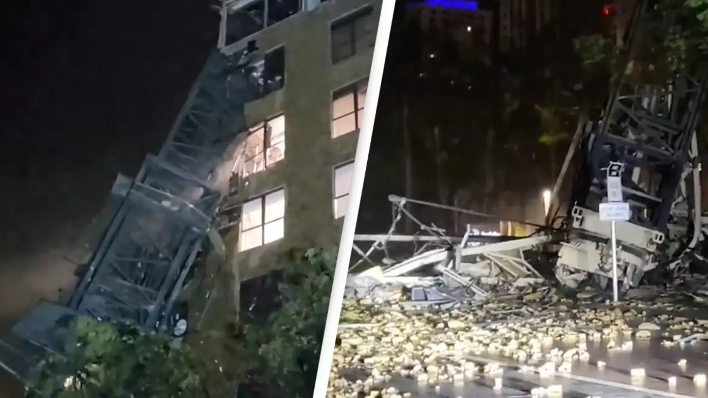 Horrific moment construction crane falls during Hurricane Milton and 'obliterates' building