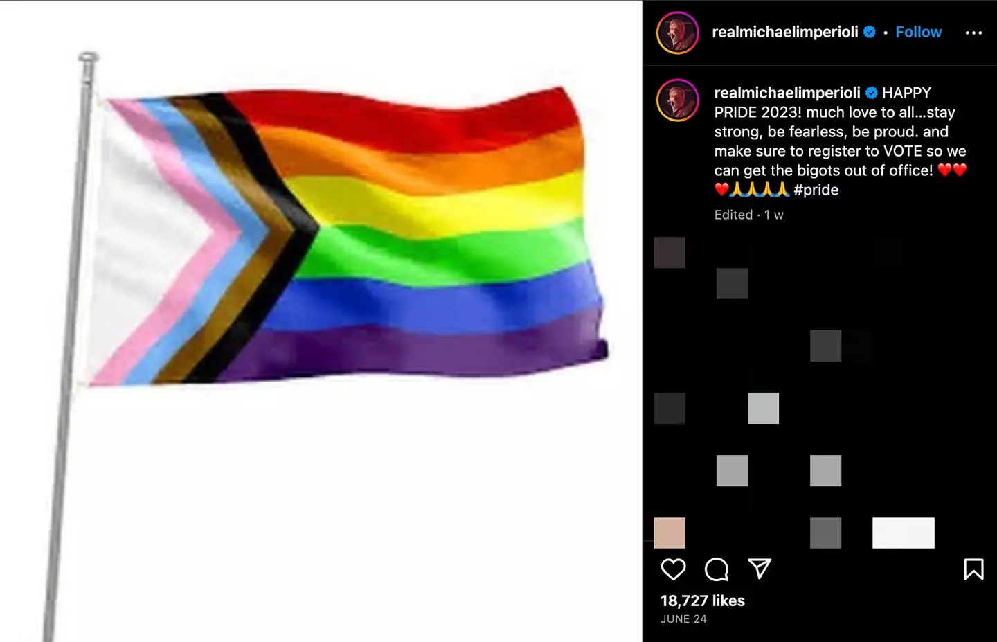 Imperioli had previously posted a celebration of Pride Month 2023.