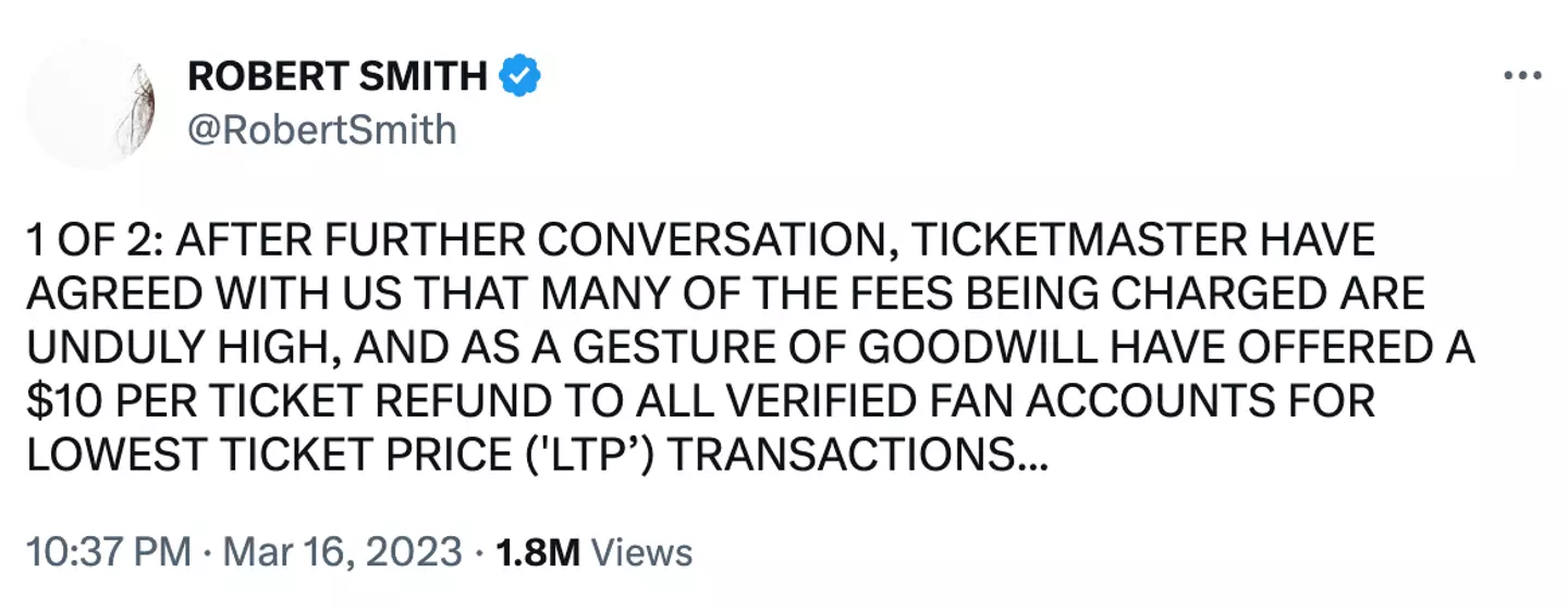 The Cure's frontman lashed out at Ticketmaster over the hidden fees.