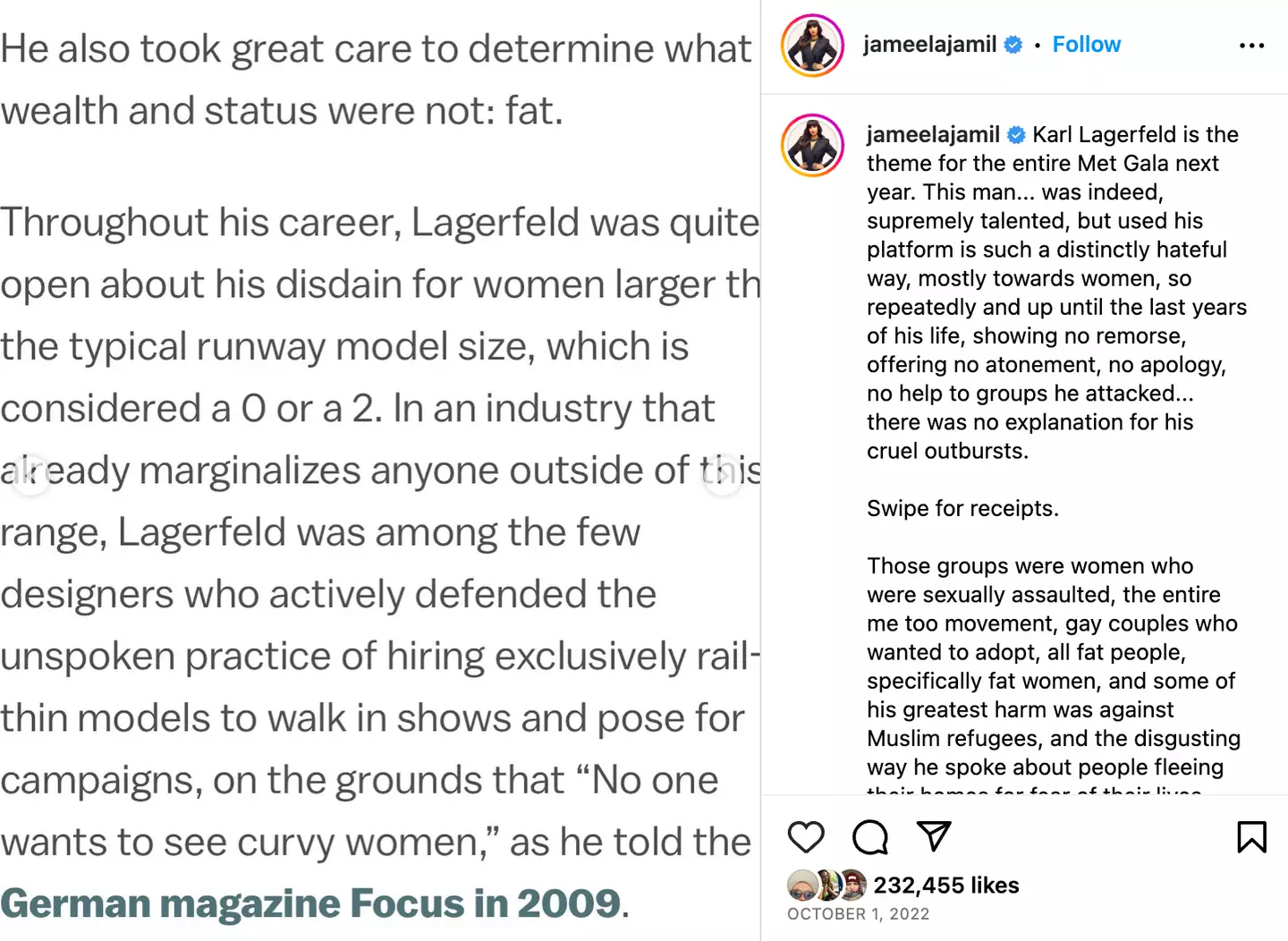 Jamil criticised Lagerfeld in an Instagram post.